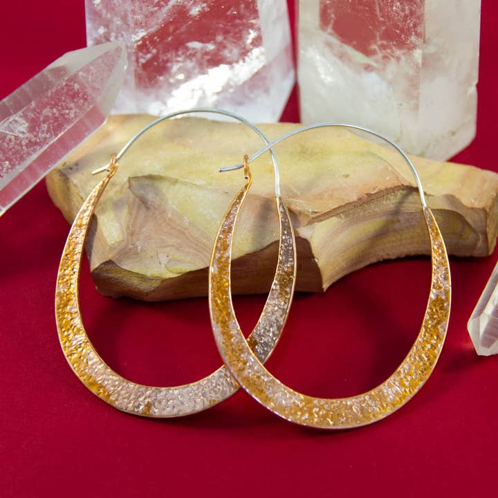 Ajmer by Jodi - Wholesale Dangle Earrings - Big Copper Oval Hoops~ hammered metal & sterling ear wires7