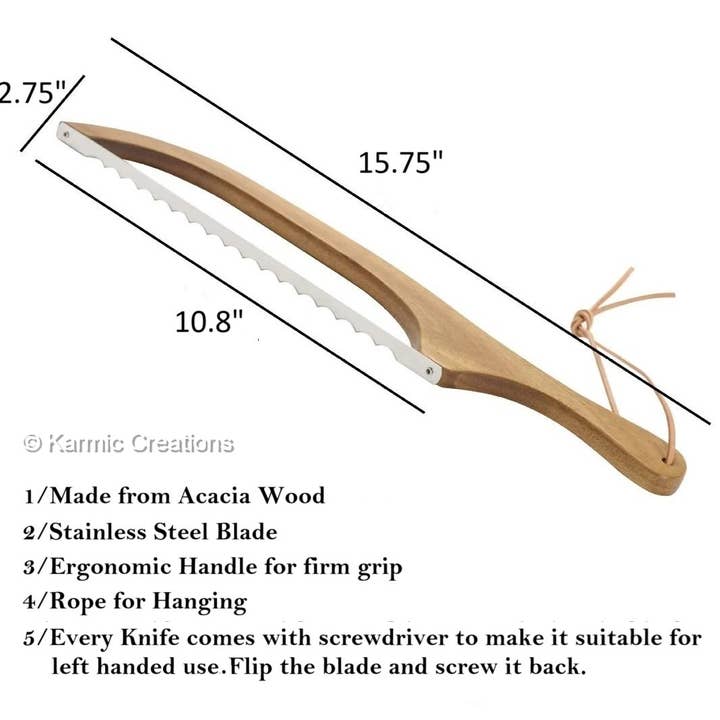 Bread Bow Knife, Serrated Sourdough Wood Handle Bread Knife. for wholesale by Karmic Creations