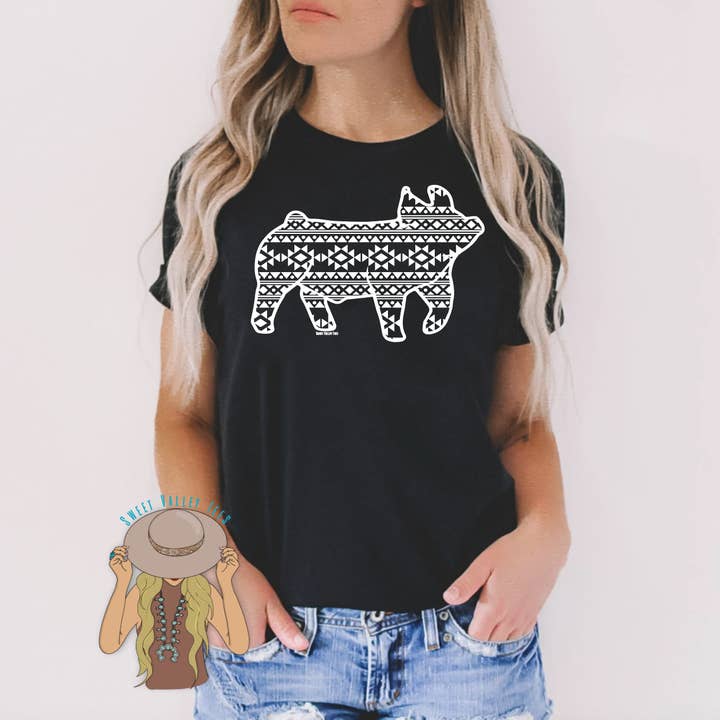 Aztec Print Show Pig Tee - Black for wholesale by Sweet Valley Tees