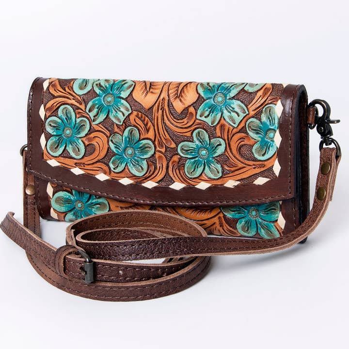 ADBG889 Hand-Tooled Floral Leather Crossbody Clutch American Darling for wholesale by LS Western