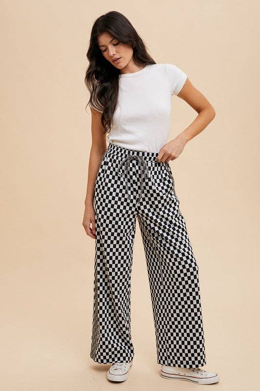 Black Annie Wear Drawstring Checkered Wide Leg Pants for wholesale on Faire4