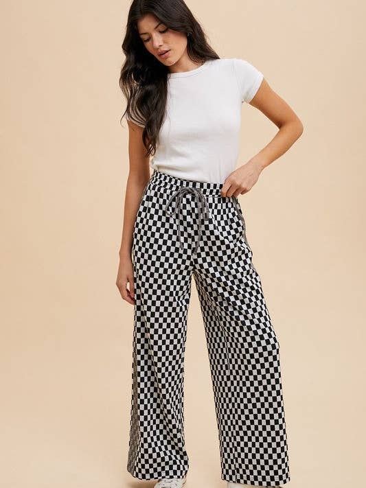 Black Annie Wear Drawstring Checkered Wide Leg Pants for wholesale on Faire4