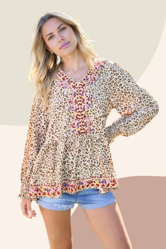 Taupe Haut tissé à manches longues brodé imprimé animal-IT3918 en vente sur Faire1