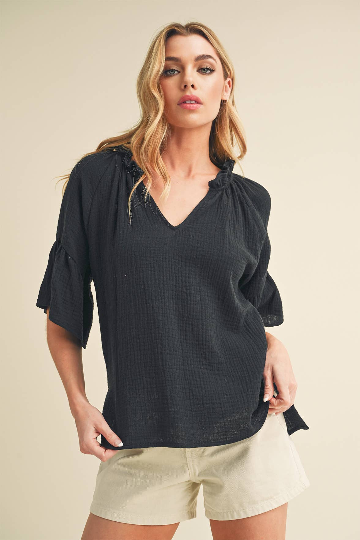 AEMI + CO - Wholesale Blouse - Women's - 8258DK Tes 3/4 Sleeve Ruffle Top 63