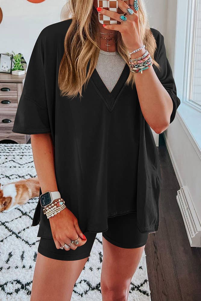 UNISHE - Wholesale Lounge Set - Women's - Summer V Neck Plain Two Pieces Short Set ASJP09012