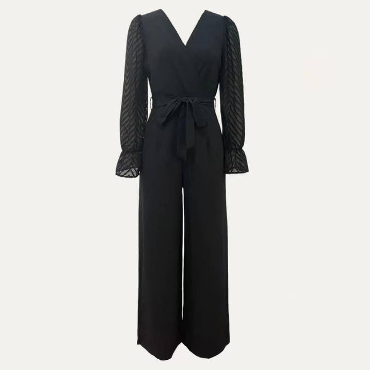 Noir Combinaison Grace noire transparente à col en V et manches longues et jambes larges en vente sur Faire