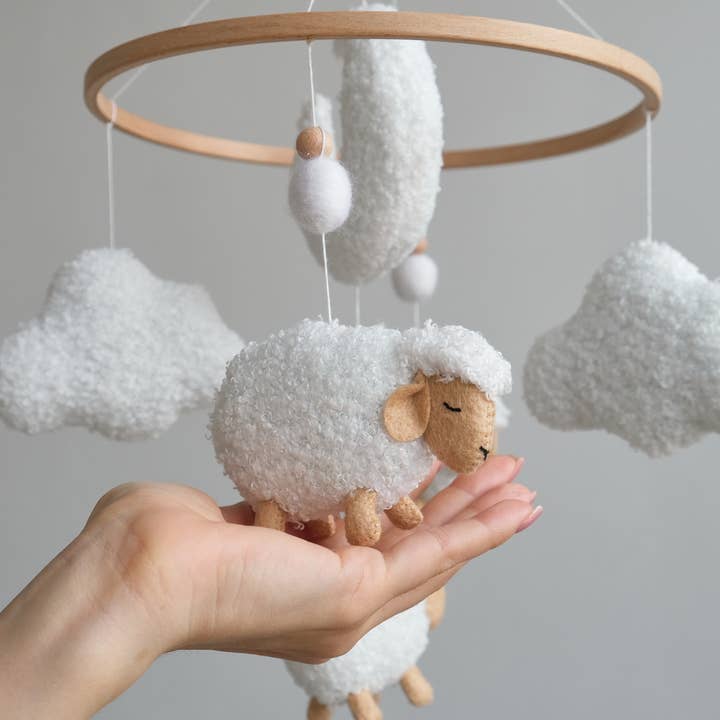 ChilDreams - Wholesale Baby Mobile - Boucle Sheep Baby Crib Mobile, White boucle clouds mobile