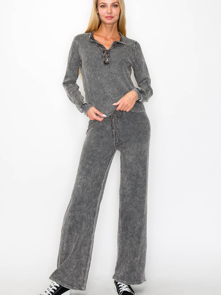 Mineral Wash Thermal Henley neck top HS3021T for wholesale by J.Her