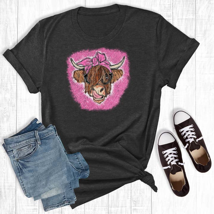 Pink Faux Glitter Highland Cow T-shirt Black for wholesale by Rebel Rose