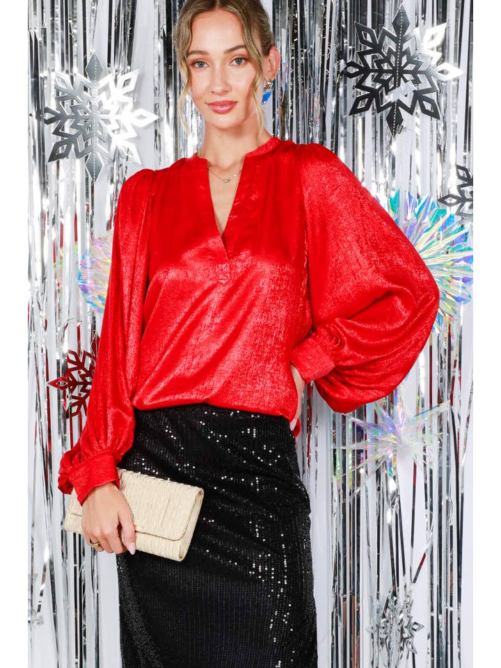 Vine & Love - Wholesale Blouse – Women’s - Henley Neck Long Balloon Sleeve Metallic Blouse Top VT81244F23