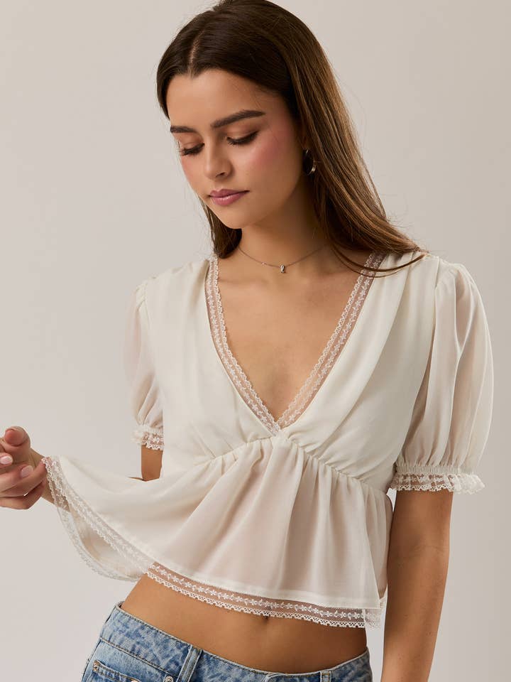 PUFF SHORT SLEEVE V-NECK LACE TRIM DETAIL CHIFFON CROP TOP for wholesale by LE LIS