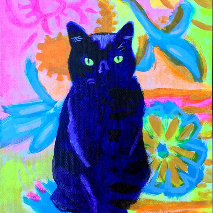 Impression artistique : Nellie, chatte noire psychédélique pour la vente par The Flying Cat