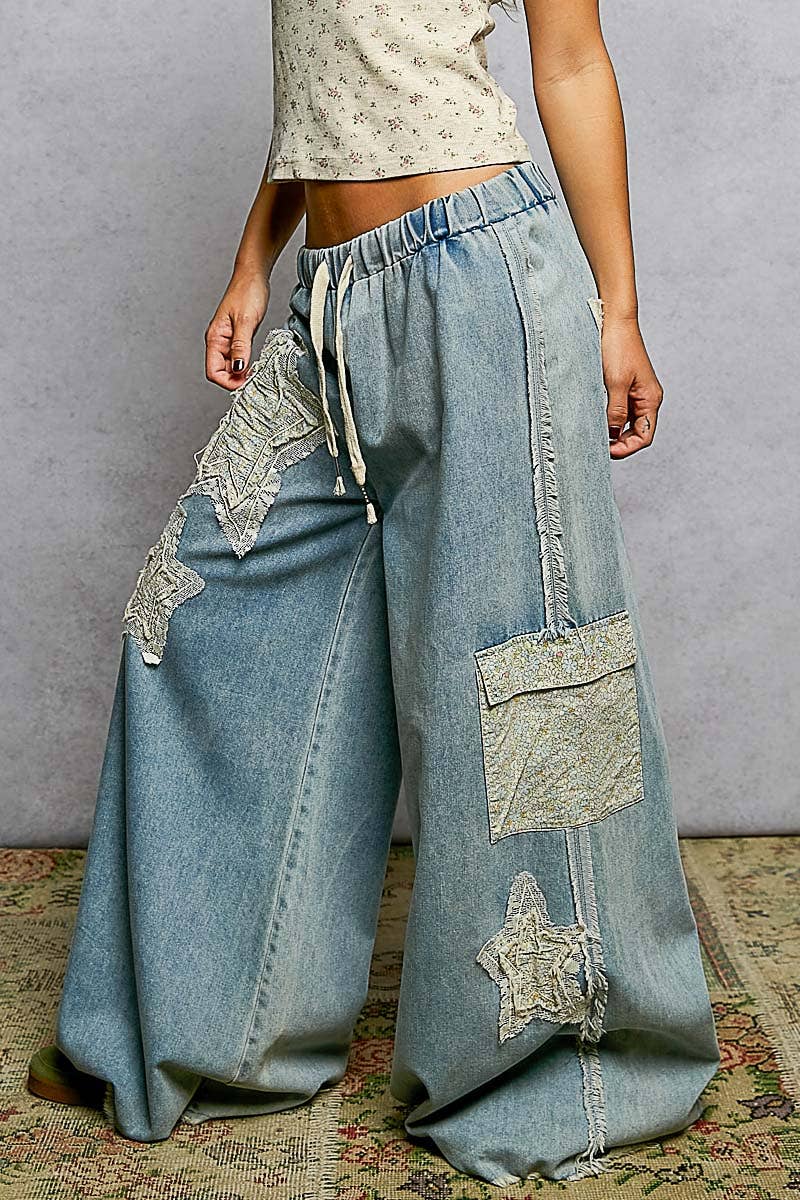 Pol Clothing - Wholesale Pants - Women's - French Terry Vintage Washing Star Patch Casual Wide Pants7