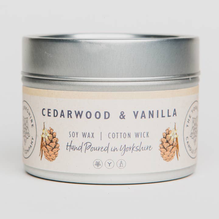 Cedarwood & Vanilla Small Tin | Scented Candle | Soy Wax for wholesale by The Yorkshire Candle Company Limited