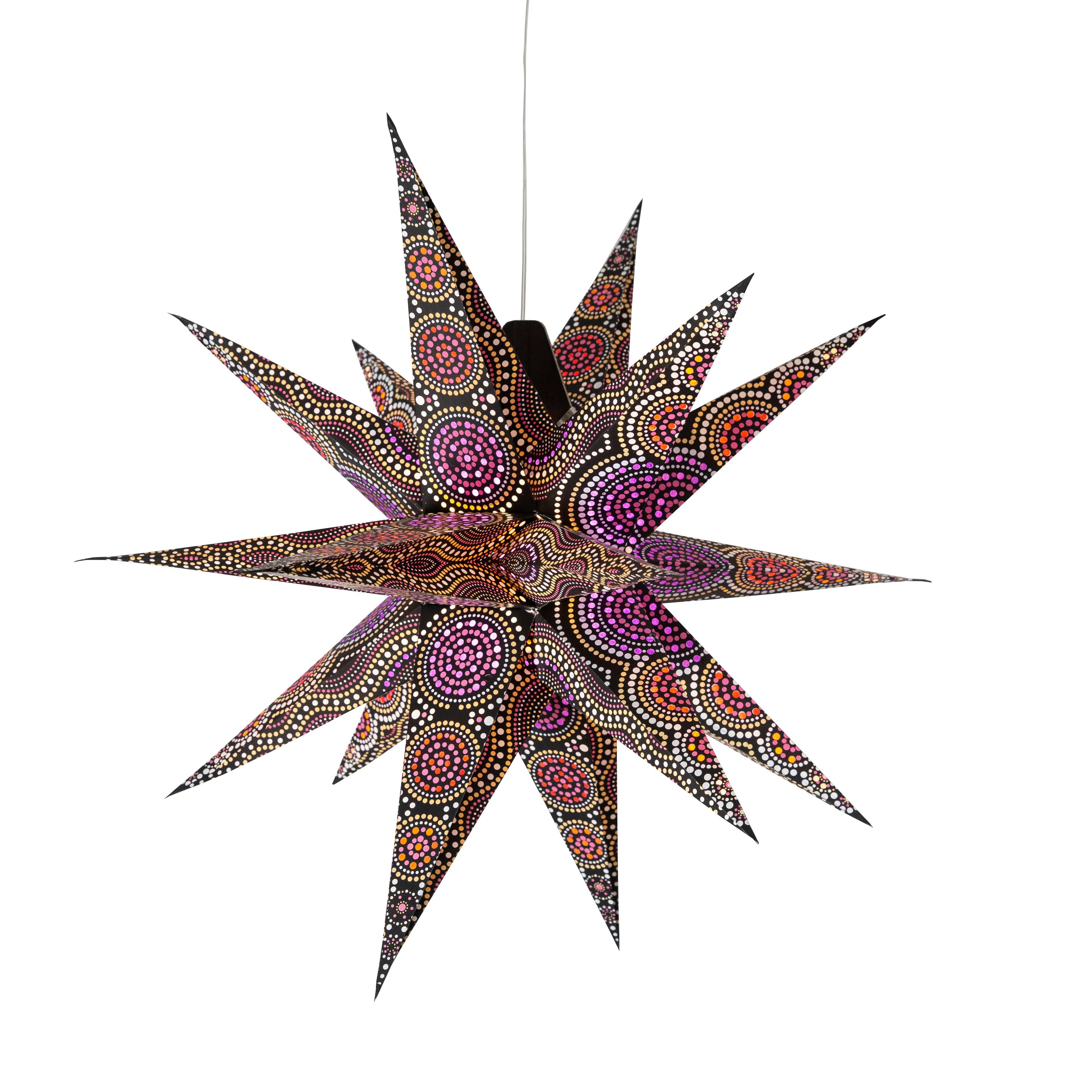 Artschatz LLC – wholesale Paper lantern/lamp – Kaleidoscope Moravian Star 24" black with yellow / orange and orange / red / purple tissue5