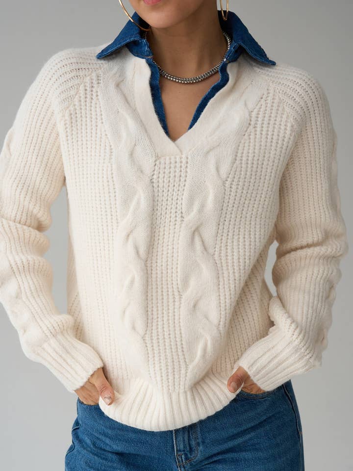 Cable knit pullover with denim collar-Boho chic sweater for wholesale by Design company-Fatma Balkir