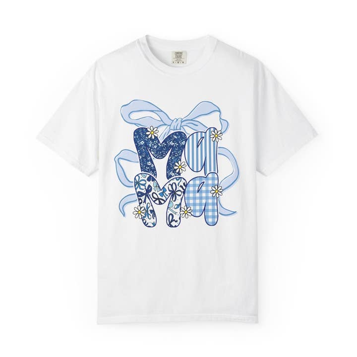 T-shirt nœud patchwork bleu MOM — Tee-shirt floral et vichy pour la fête des mères pour la vente par Apparel Crush