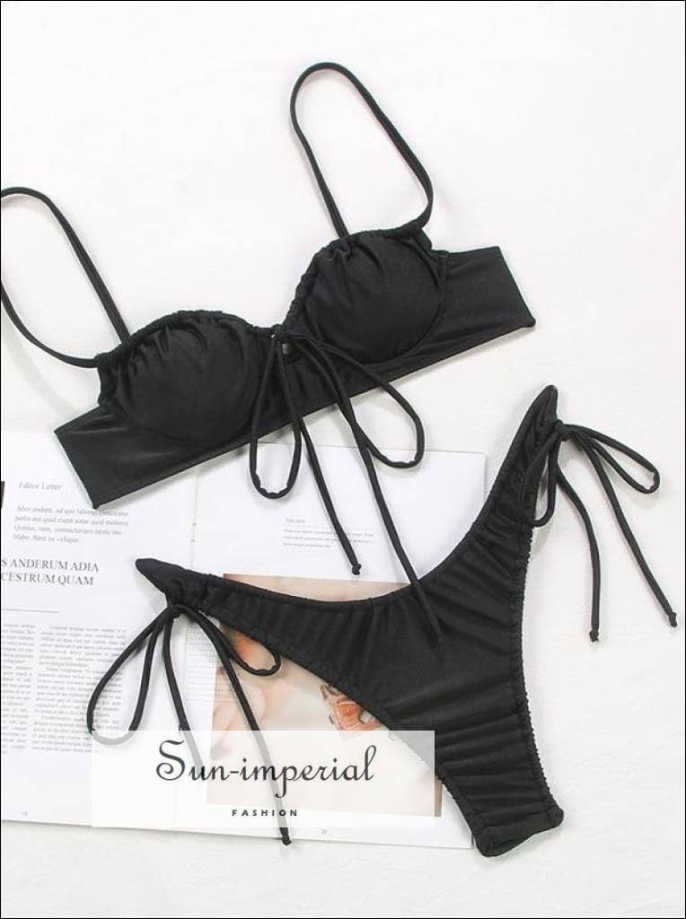 Sun Imperial – wholesale Tvådelad baddräkt - Dam – Enfärgad brun rynkad sport BH Bikini Set11