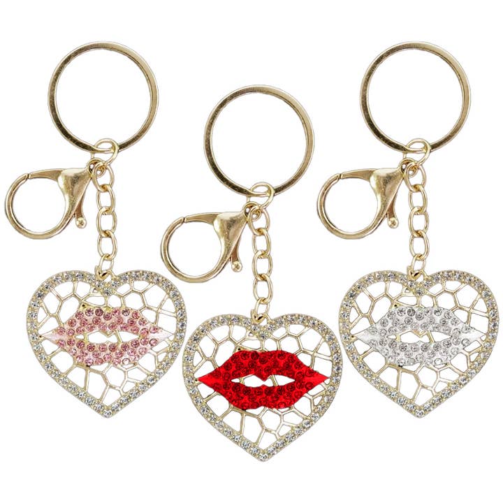Cap Zone - Wholesale Keychain - Women's - Lip Hollow-Out Heart Bling Rhinestone Key Chain