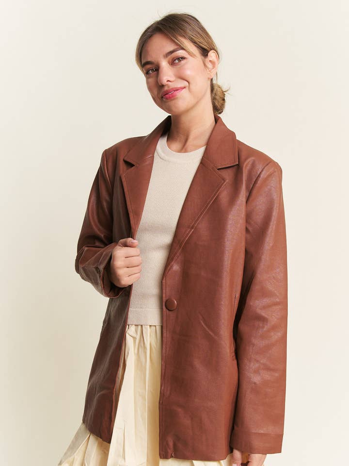 Dark Brown Faux Leather Jacket for wholesale by In The Beginning