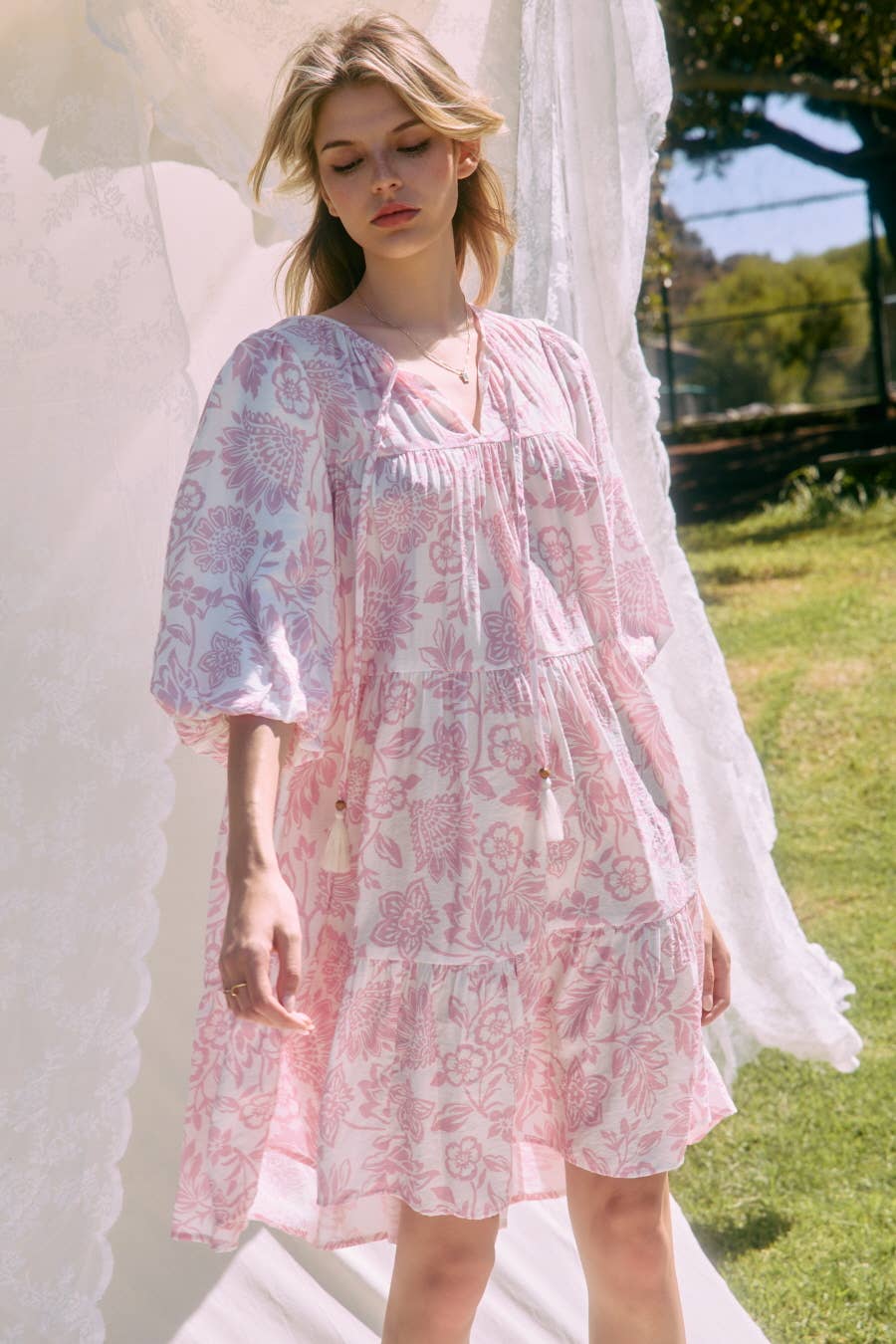 Oddi – Großhandel Kleid – Damen – Boho Bedrucktes Baby-Doll-Minikleid2