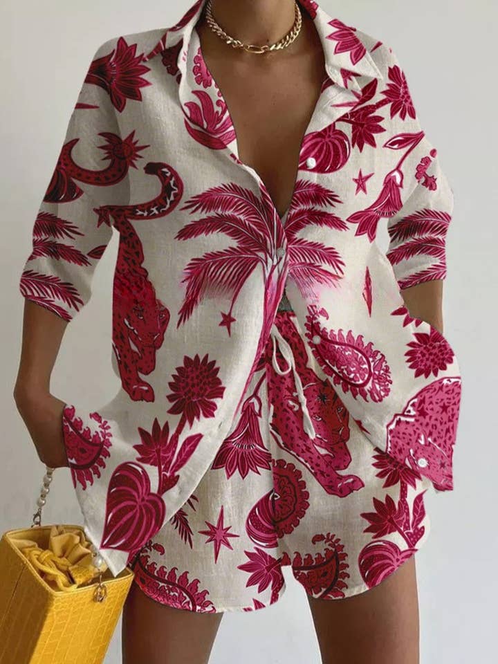 Rosa Clothing - Wholesale Top & Short Set (NOT Loungewear) - Women's - Vacation Parrot & Coconut Print Two-Piece Set
