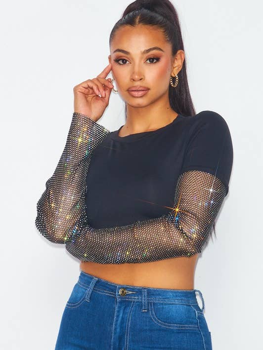 Croptop met lange mouwen en strass voor wholesale door House of E ATL LLC