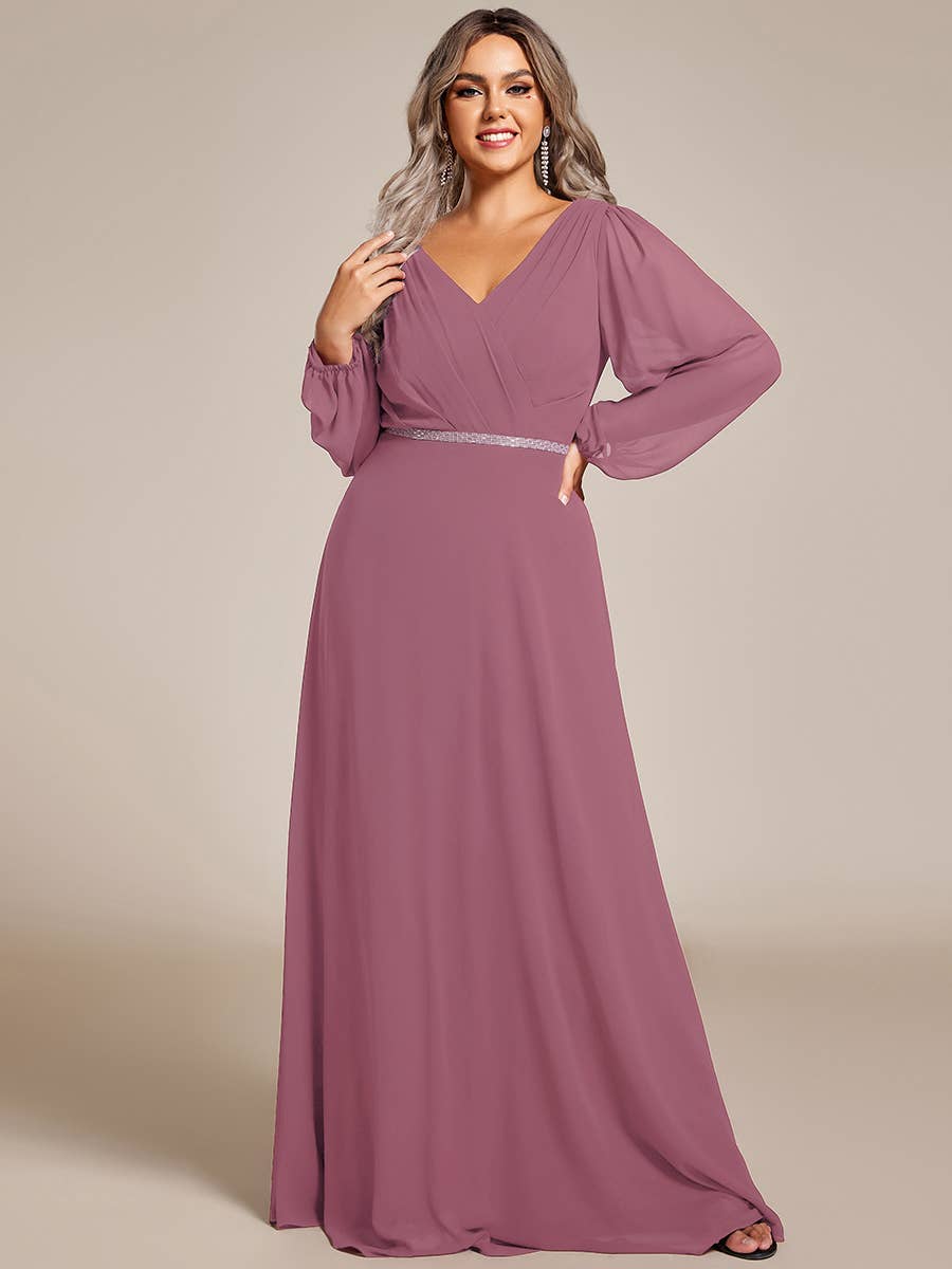 Ever-Pretty - Wholesale Gown - Women's - Elegant waisted chiffon V-neck Long Sleeve guest Dress52