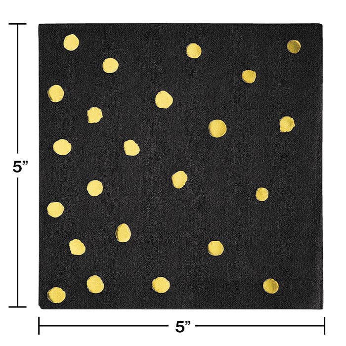 Bulk Party Decor - Wholesale Disposable Napkin - Black and Gold Foil Dot Beverage Napkins, 16/Pkg