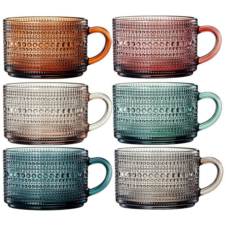 The Wine Savant / Khen Glassware – Großhandel Kaffeebecher – Kaffeetassen aus farbigem Glas im Vintage-Stil, 6-teiliges Set