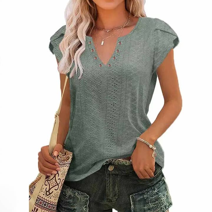 CWTTS0489_BUCKLED V NECK PUNCHING LACE TULIP SLEEVE TEE for wholesale by Lily Clothing