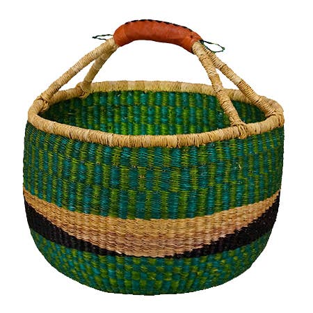 African Market Baskets - Wholesale Basket - G-159A: Large Round Basket W/Leather Handle = 4 Per Case