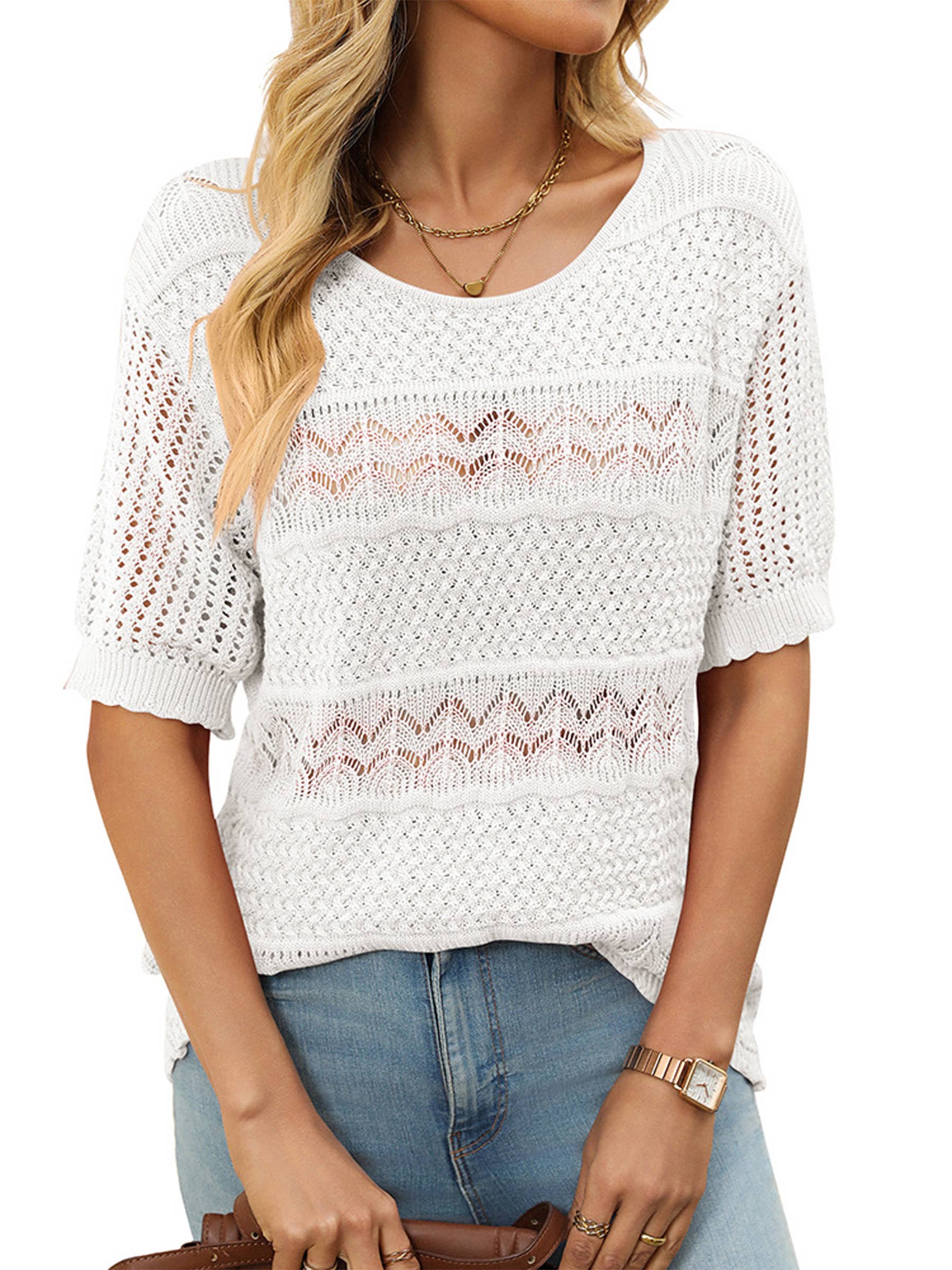 Wholesalesir - Wholesale Knit Top - Women's - Round Neck Hollowed Out Short Sleeved Top4