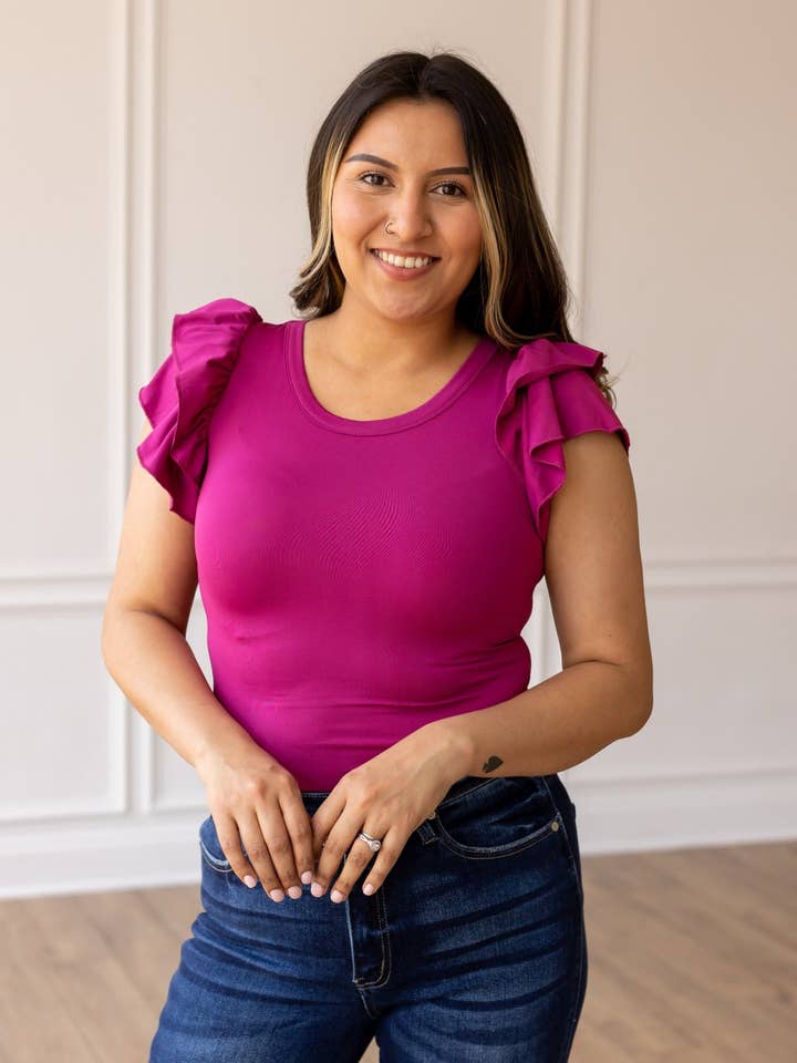 The Eloise Ruffle Sleeve Bodysuit, Magenta for wholesale by GRACE+EMMA by Southern Grace