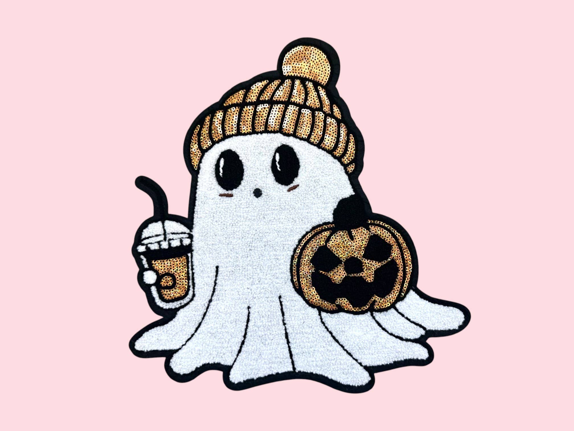 Rosie Posie Patches - Wholesale Patch - Halloween Sequin Ghost with Pumpkin and Coffee Iron On Patch0