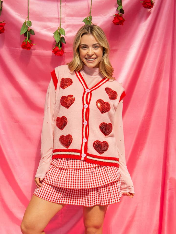 Sequin Hearts on Pink Sweater Vest for wholesale by GRACE+EMMA by Southern Grace