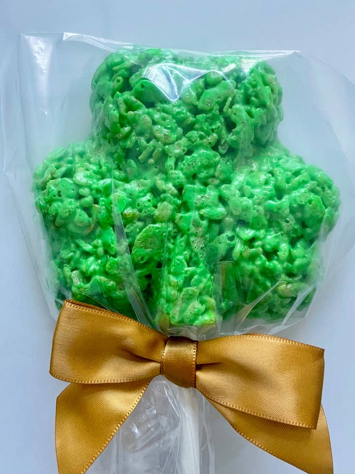 Saint Patrick's Day Chubby Shamrock Crispie Treat on a Stick for wholesale by Creative Crispies Co.