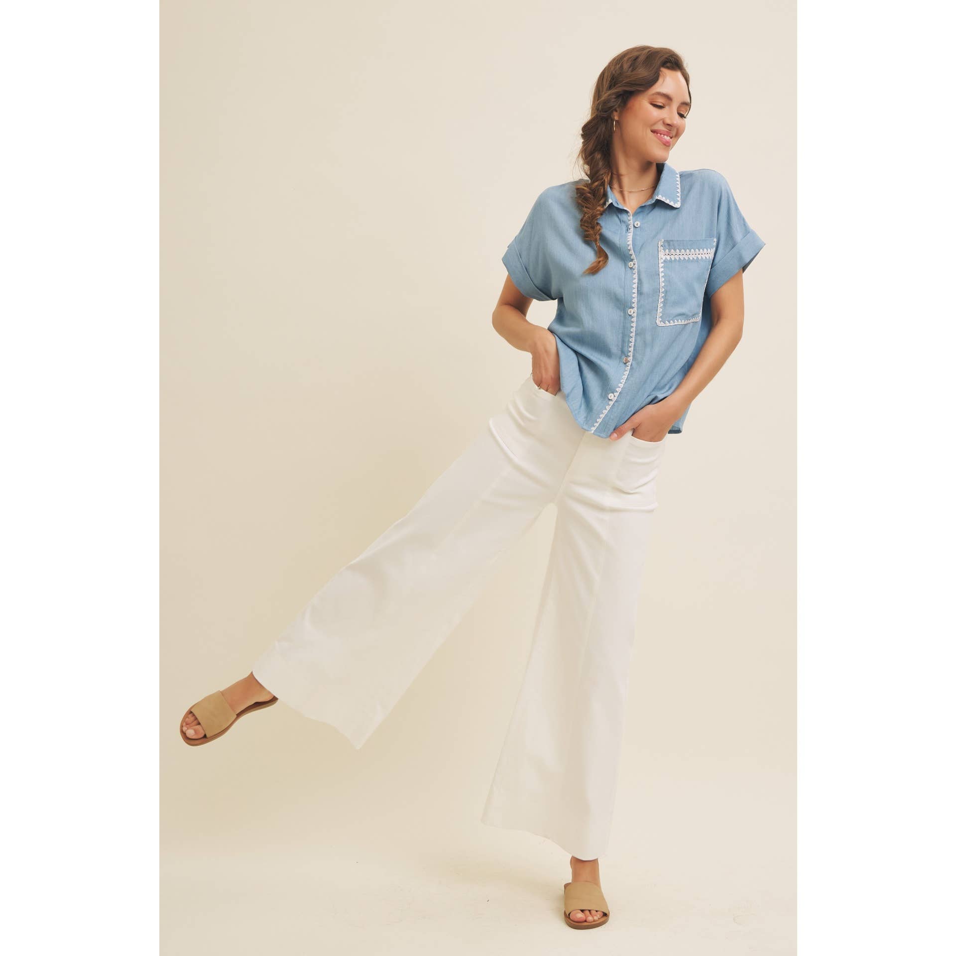 WASHED CHAMBRAY BUTTON-DOWN SHIRT WITH STITCHING for wholesale on Faire9