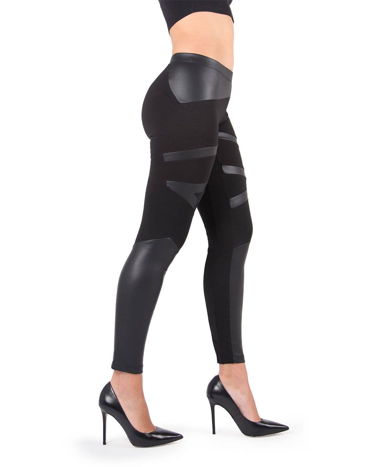 Black MeMoi Matxina Retro Cut Faux Leather Accents Leggings for wholesale on Faire2
