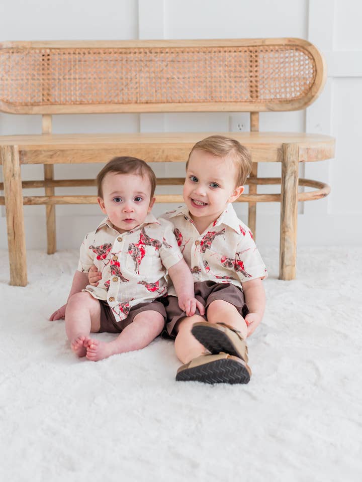 Meer kleurige vogelprint jongensshirt & bruine short set voor wholesale door Yo Baby