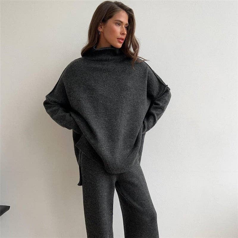 UZ Wholesale Store - Wholesale Lounge Set - Women's - Solid Color High Neck Sweater Knit Long Pants Set0