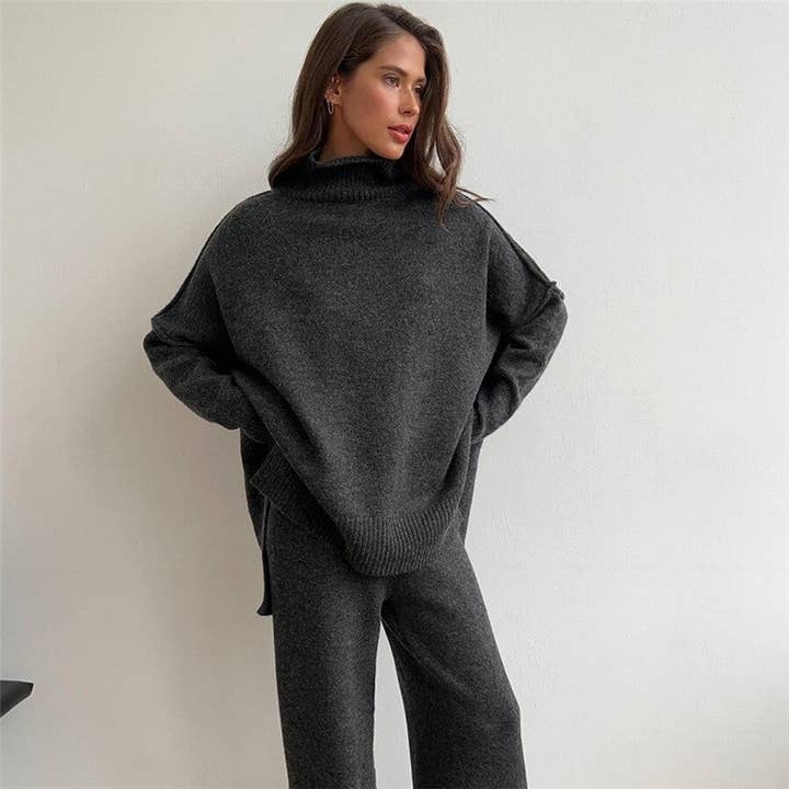 UZ Wholesale Store - Wholesale Lounge Set - Women's - Solid Color High Neck Sweater Knit Long Pants Set