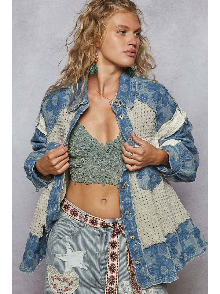 Pol Clothing - Wholesale Denim Jacket - Women's - Vintage washed floral embroidered patches jacket