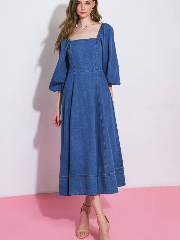 Um vestido midi de ganga lavado - ID20438 por atacado de FLYING TOMATO