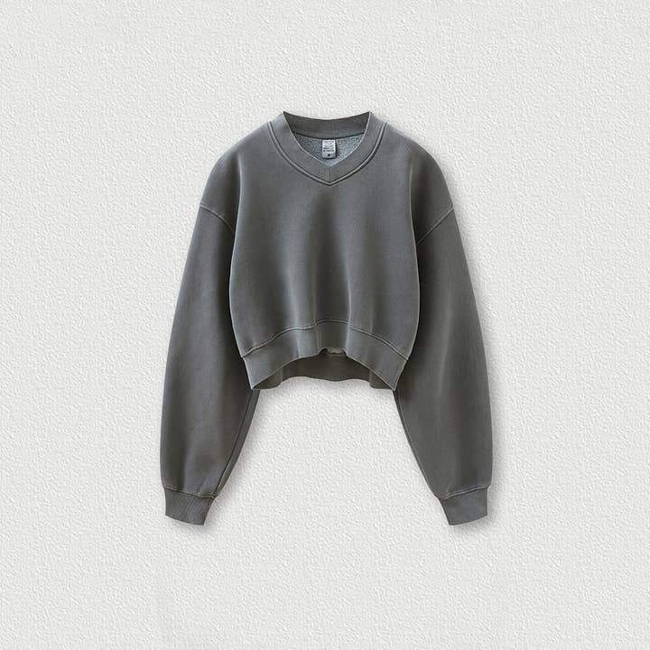 Sodalemon - Wholesale Sweatshirt - Women's - Women's washed velvet V-neck cropped sweatshirt3