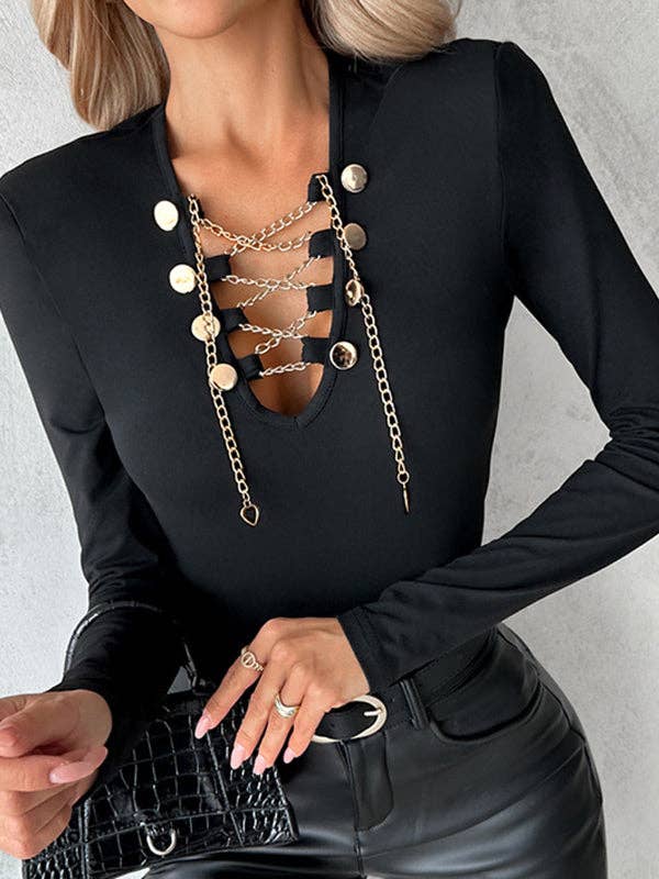 BLACK Long Sleeves Skinny Chains V-Neck T-Shirts Tops for wholesale on Faire2