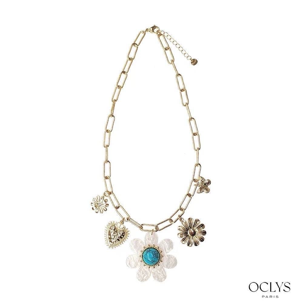 Oclys - Wholesale Pendant/Charm Necklace - Golden chain necklace with flower charms in stainless steel Aki6
