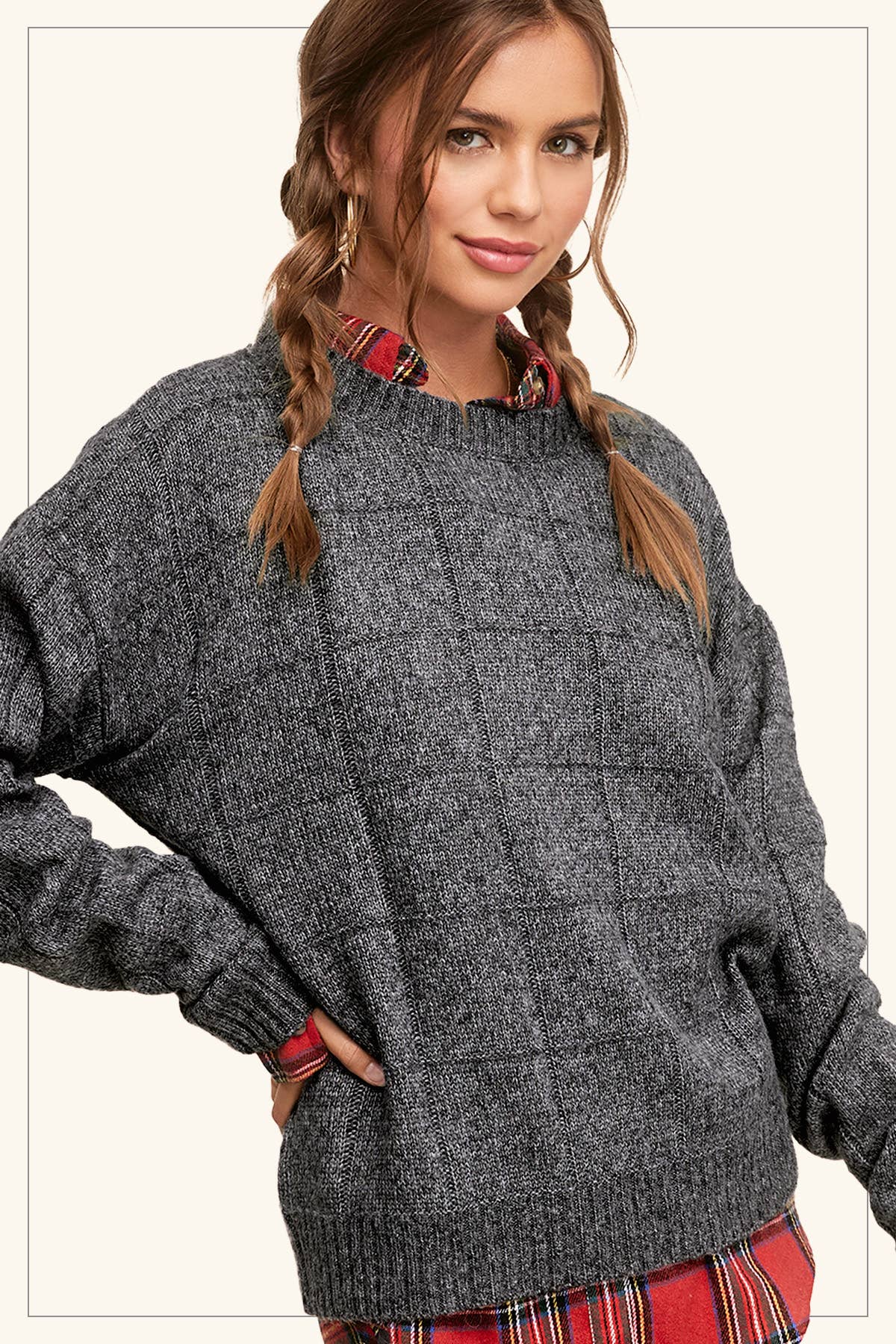 La Miel – Engroshandel Pullover - Dame – La Miel løs sweater med tofarvet vindueskarmmønster14