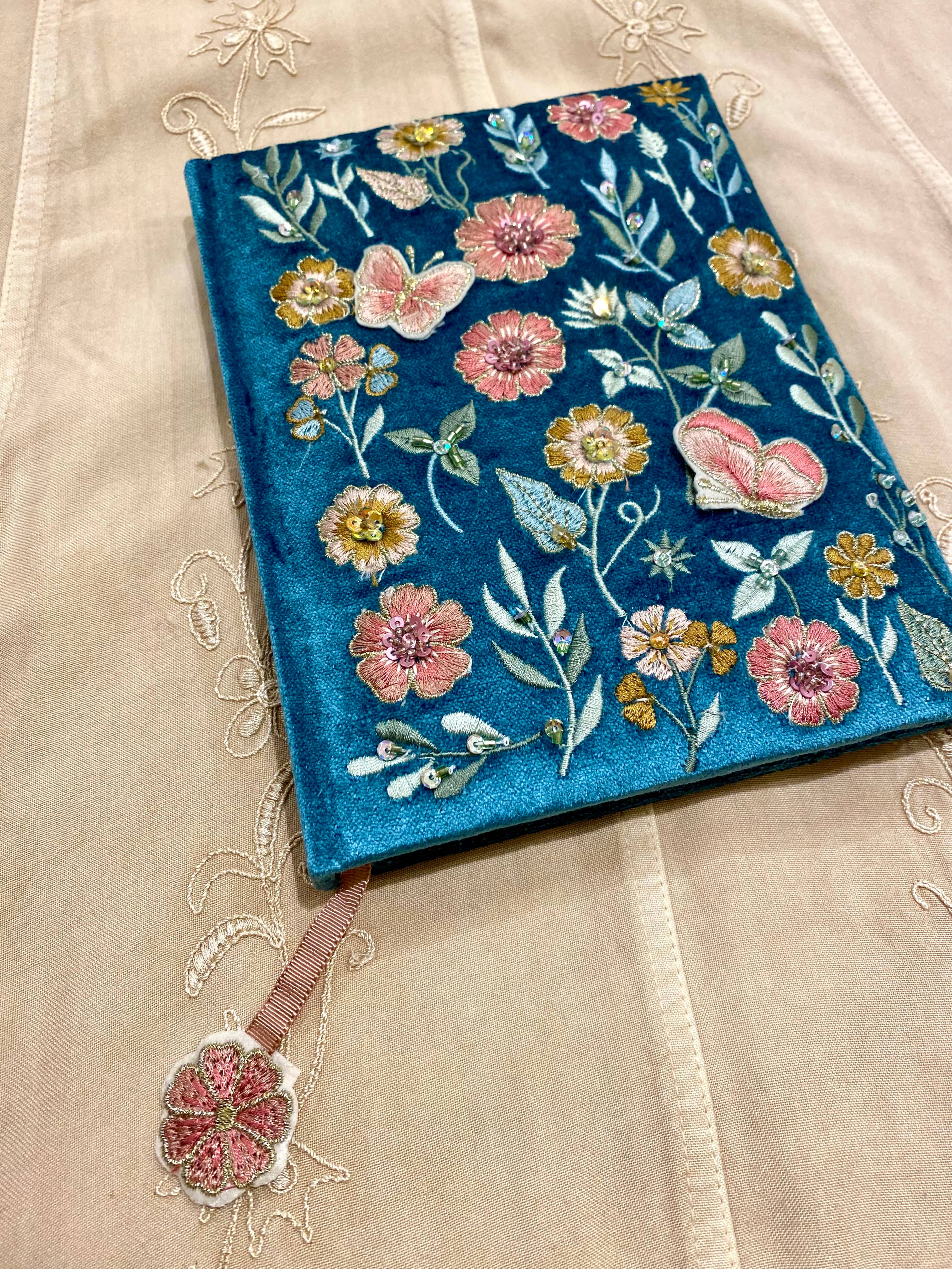 Temple of Treasure - Wholesale Notebook - Velvet Beaded Notebook Florals Blue1
