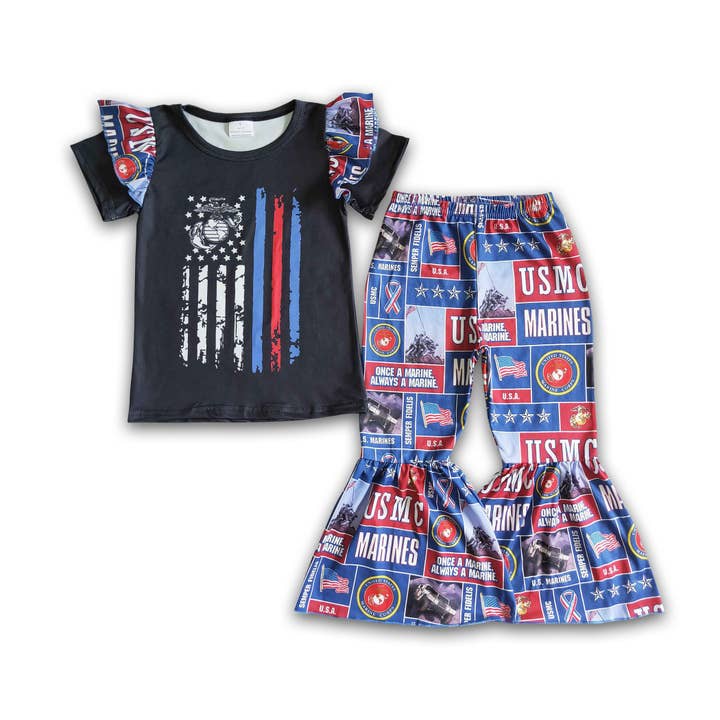 Yawoo Garments - Wholesale Top & Pant Set - Kids - Black screen print girls bell bottom pants outfits